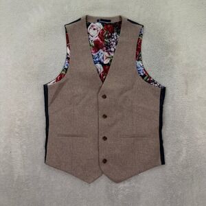 Men's Taupe Wool-Blend Vest with Floral Lining